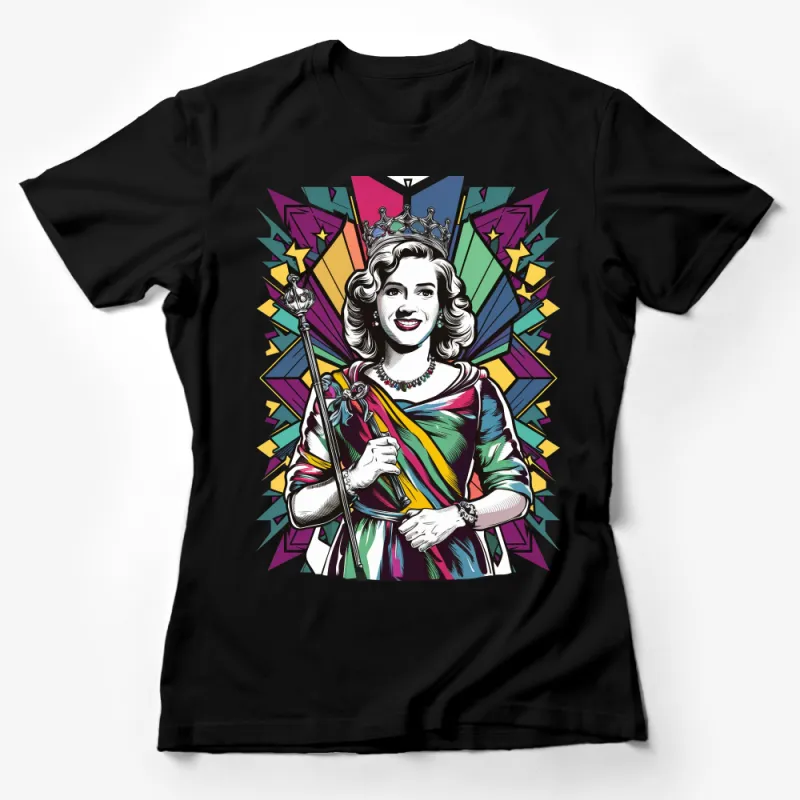 Retro Pop Art Queen Graphic Tee, Colorful Royalty Illustration T-Shirt, Vintage Style Women's Fashion Top, Unique Gift for Her Female T-Shirt