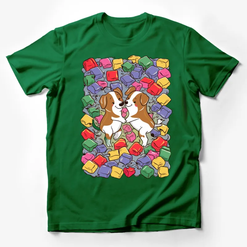 Playful Pups in Love Amidst Colorful Blocks Graphic T-Shirt, Cute Dog Lovers Tee Male T-Shirt