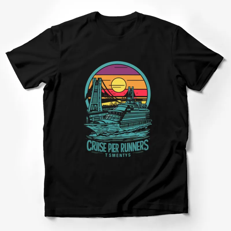 Sunset Cruise Pier Runners Graphic T-Shirt, Retro Style Bridge and Boat Tee, Unisex Travel Inspired Casual Wear, Summer Fashion Top Male T-Shirt