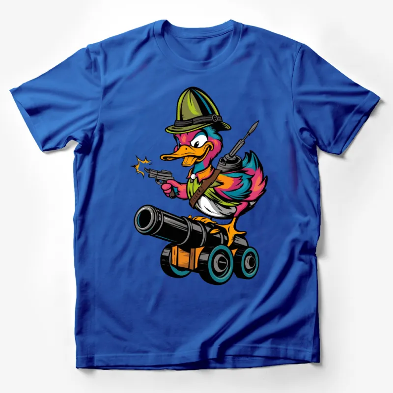 Colorful Cartoon Duck Soldier with Gun and Cannon Graphic Tee Male T-Shirt