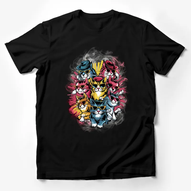 Funky Cat Squad T-Shirt, Colorful Cat Art Tee, Urban Style Feline Shirt, Hip Cats with Sunglasses Top, Unisex Graphic Tee Male T-Shirt