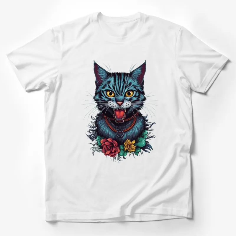 Unique Striped Cat Illustration T-Shirt, Floral Feline Art Tee, Hipster Cat Lover Gift, Unisex Adult Graphic Shirt, Animal Tops Male T-Shirt