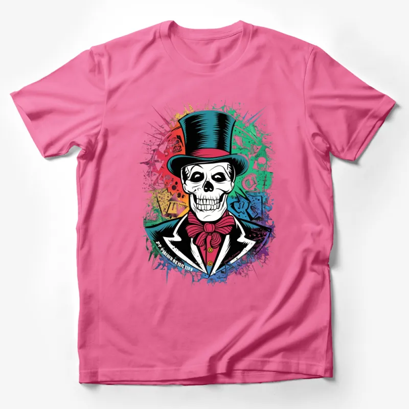 Unique Colorful Skull in Top Hat with Splatter Art Unisex T-Shirt, Bold Graphic Tee for All Ages Male T-Shirt