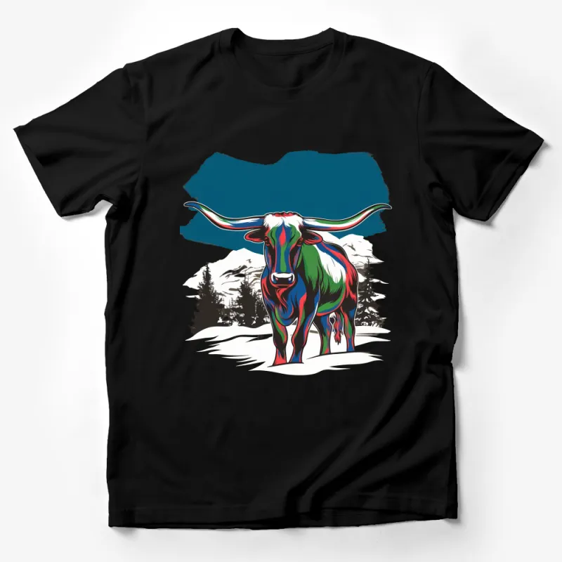 Colorful Abstract Longhorn Bull T-Shirt, Artistic Cowboy Western Wear, Unique Graphic Tee for Rodeo Enthusiasts Male T-Shirt