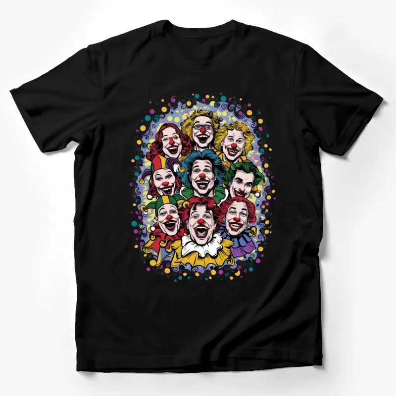 Colorful Clown Faces T-Shirt, Unisex Circus Theme Party Shirt, Vibrant Comedic Graphic Tee, Unique Streetwear, Fun Casual Top for All Male T-Shirt