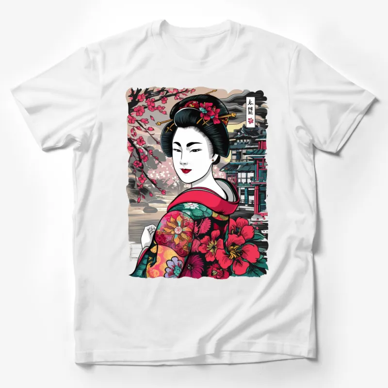 Elegant Geisha in Blossom Garden with Pagoda Artwork Unisex T-Shirt Male T-Shirt