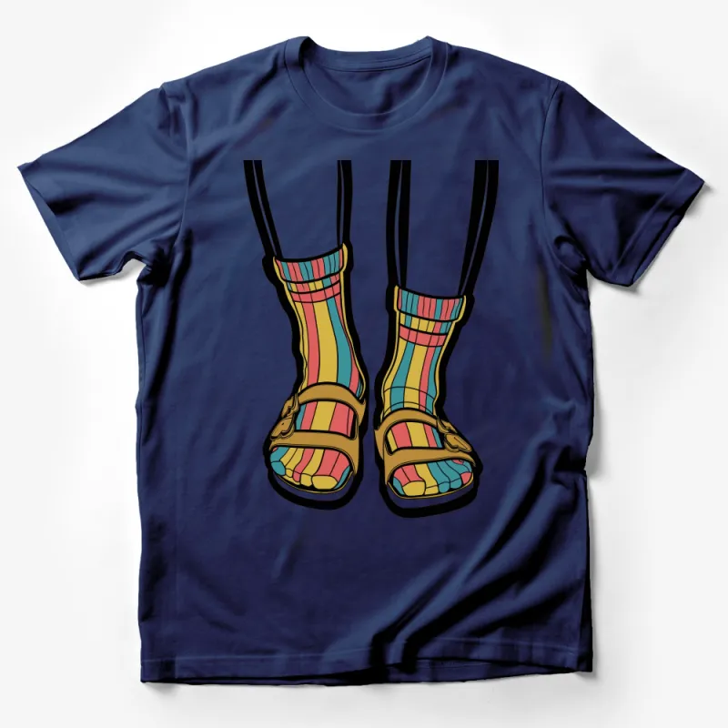 Colorful Striped Socks and Sandals Graphic Tee, Quirky Fashion Illustration Shirt, Unisex Male T-Shirt