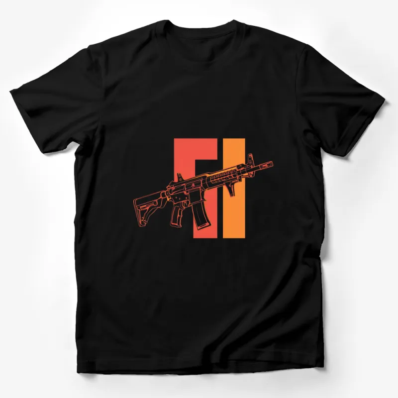 Military-Style Rifle Graphic Tee - Bold Orange and White Design Unisex T-Shirt Male T-Shirt