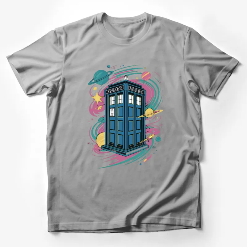 Whimsical Space Time Adventure Police Box T-Shirt, Colorful Sci-Fi Fan Apparel Male T-Shirt