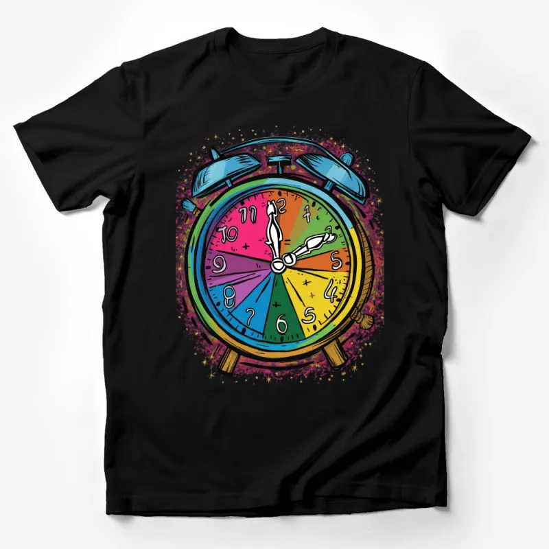 Colorful Retro Alarm Clock Graphic Tee, Vintage Style Rainbow T-Shirt, Unisex Casual Wear Male T-Shirt