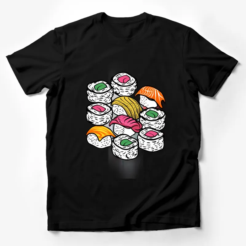 Colorful Sushi Print T-Shirt, Unisex Sushi Lover Tee, Fun Foodie Graphic Shirt, Casual Dining Outfit Male T-Shirt