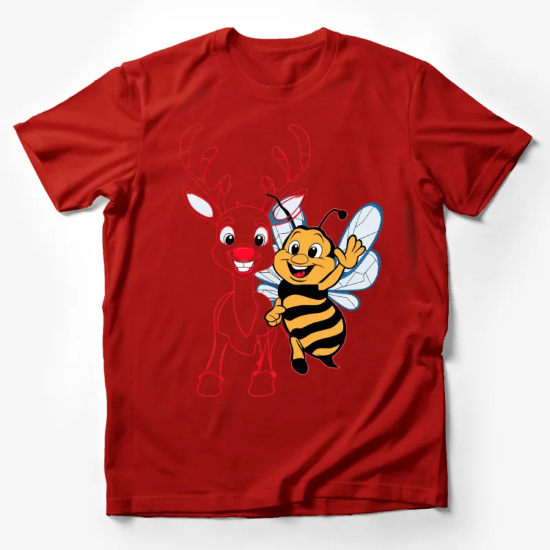 Unisex Cartoon Reindeer and Bee T-Shirt, Cute Animal Friends Tee, Graphic Shirt for All Ages, Soft Cotton Top, Casual Wear Male T-Shirt