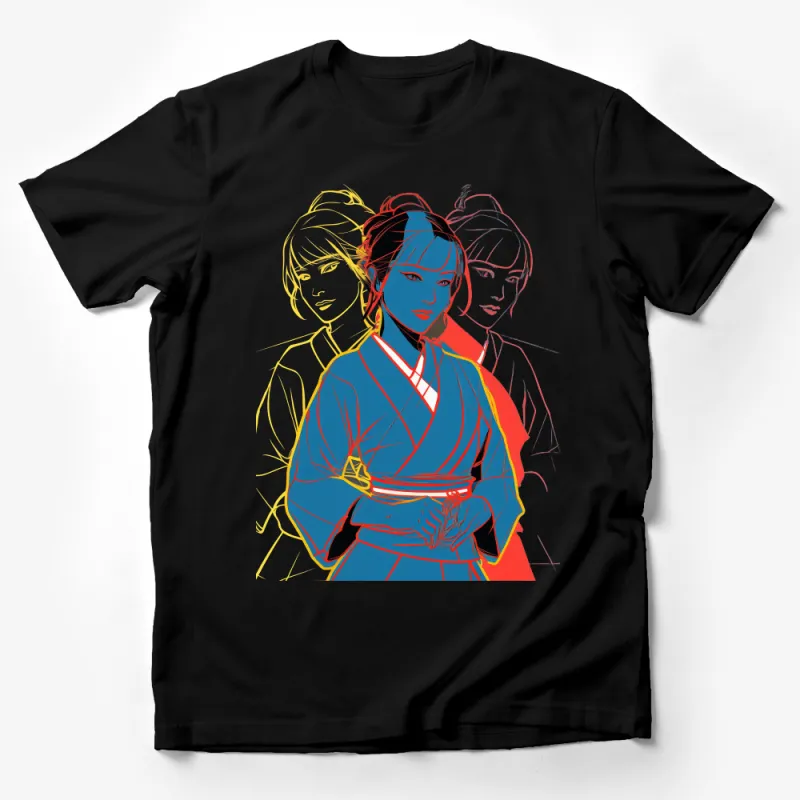 Modern Geisha Art T-Shirt, Colorful Line Drawing, Women's Fashion Tee, Asian-Inspired Streetwear, Casual Wear, Bold Graphic Shirt Male T-Shirt