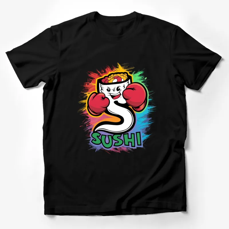 Colorful Sushi Fighter Graphic Tee, Quirky Food Lover T-Shirt, Funky Sushi with Boxing Gloves Top, Unique Casual Wear Male T-Shirt