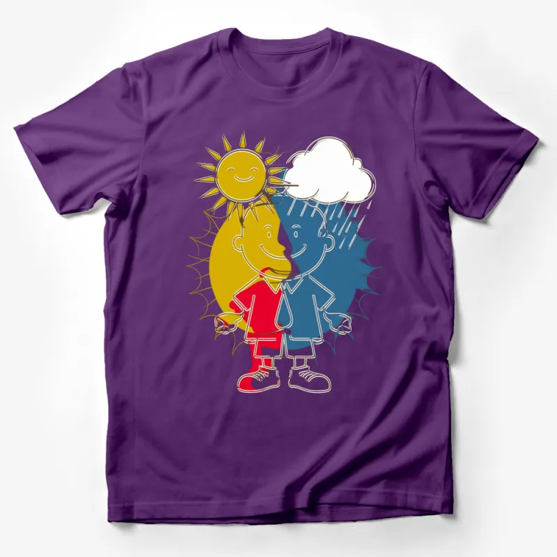 Funny Sun and Cloud Handshake Cartoon T-Shirt, Colorful Summer Tee, Unisex Graphic Shirt for All Ages, Casual Wear Male T-Shirt