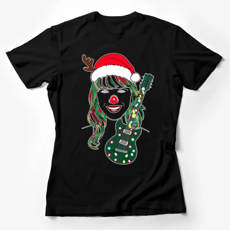 Festive Guitar Christmas T-Shirt, Holiday Rock Music Lover Tee, Reindeer Antler Santa Hat Shirt, Unique Xmas Gift Idea Female T-Shirt