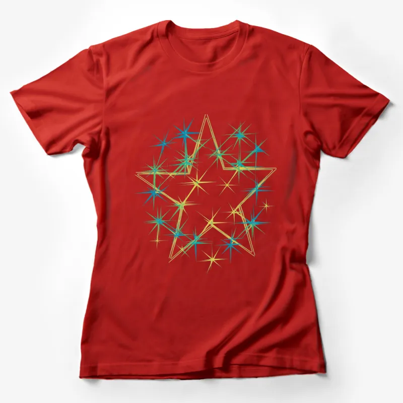 Abstract Starburst Design T-Shirt, Artistic Teal and Gold Graphic Tee, Unisex Fashion Casual Wear, Unique Star Pattern Shirt Female T-Shirt