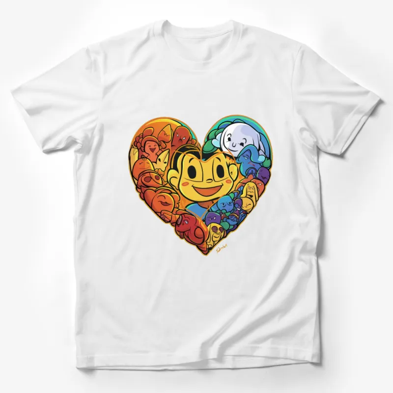 Colorful Heart-Shaped Cartoon Characters Tee, Cute Art Graphic T-Shirt, Vibrant Unisex Apparel, Casual Streetwear Top Male T-Shirt