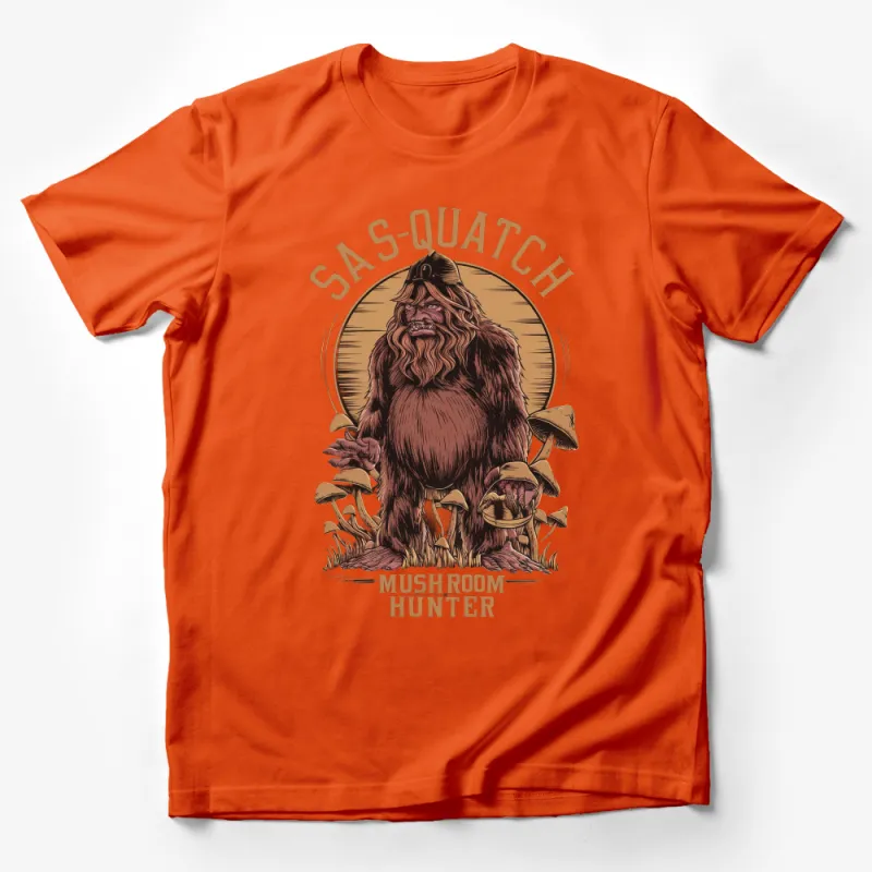 Sasquatch Mushroom Hunter T-Shirt, Funny Bigfoot Graphic Tee, Forest Nature Lover Gift, Unisex Adult Clothing Male T-Shirt