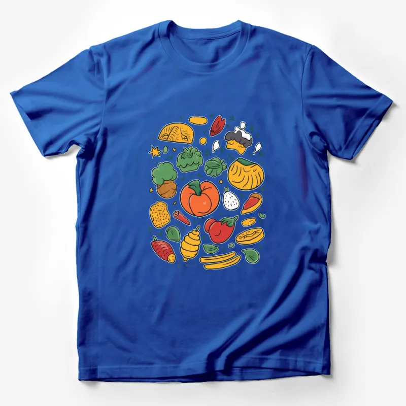 Colorful Veggie Print T-Shirt, Whimsical Vegetable Illustration, Unisex Organic Cotton Tee, Vegan Gift, Unique Artistic Graphic Tee Male T-Shirt