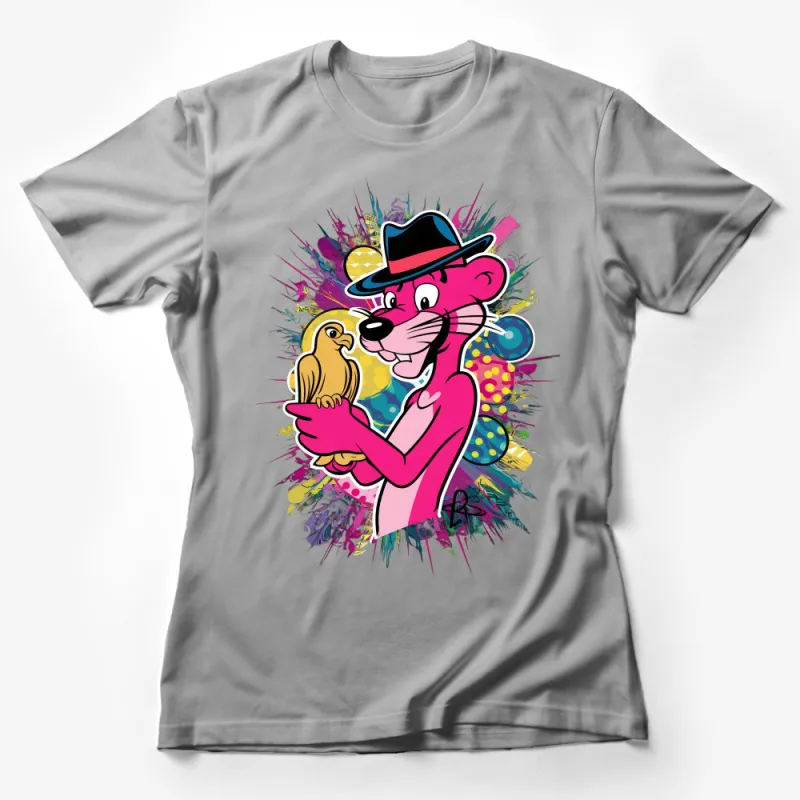 Abstract Pink Panther T-Shirt, Colorful Art Tee, Retro Cartoon Graphic Shirt, Vintage Style Fashion, Unisex Adult Clothing Female T-Shirt