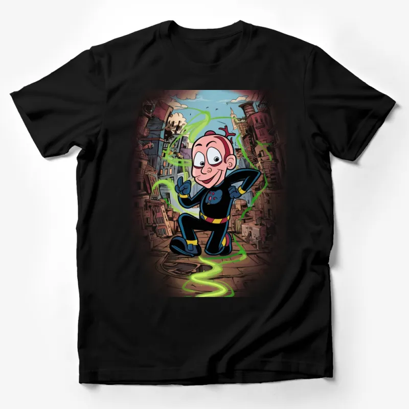 Cartoon Superhero Character T-Shirt, Unique Comic Art Tee, Vibrant Urban Background, Casual Wear for All Ages, Colorful Wardrobe Addition Male T-Shirt