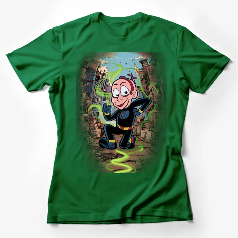 Cartoon Superhero Character T-Shirt, Unique Comic Art Tee, Vibrant Urban Background, Casual Wear for All Ages, Colorful Wardrobe Addition Female T-Shirt