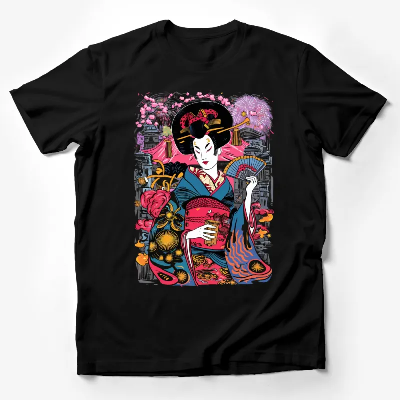 Vibrant Geisha Art Print T-Shirt, Japanese Culture Inspired Graphic Tee, Colorful Heritage Fashion Top, Unique Artistic Apparel Male T-Shirt