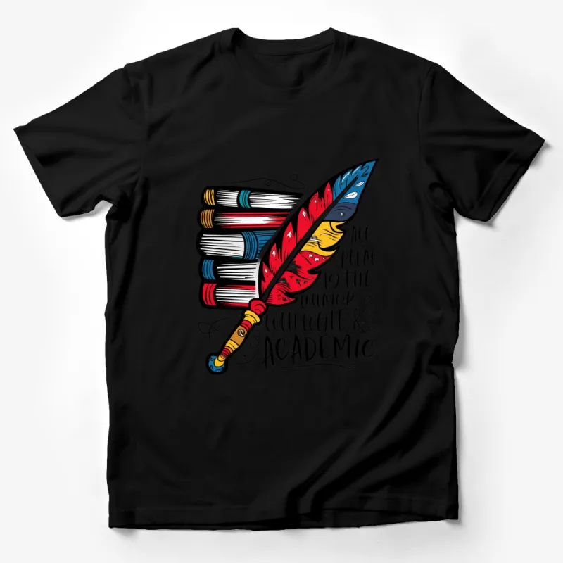 Colorful Feather Quill and Books Graphic Tee, Unisex T-Shirt, Book Lover Gift, Literary Shirt, Casual Wear, Unique Illustration Top Male T-Shirt