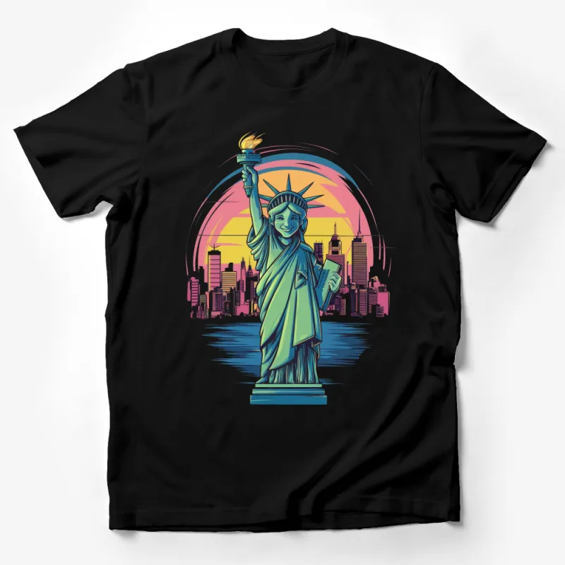 Colorful Statue of Liberty Tee, New York Skyline Graphic T-Shirt, Urban Style Streetwear, Casual Unisex Top Male T-Shirt