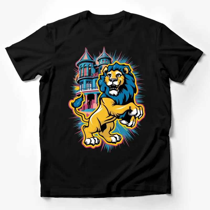 Colorful Lion Graphic Tee, Vibrant Mansion Background, Unisex T-Shirt, Casual Streetwear, Urban Lion Illustration, Artistic Shirt Design Male T-Shirt