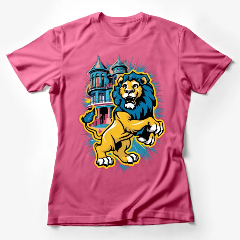 Colorful Lion Graphic Tee, Vibrant Mansion Background, Unisex T-Shirt, Casual Streetwear, Urban Lion Illustration, Artistic Shirt Design Female T-Shirt