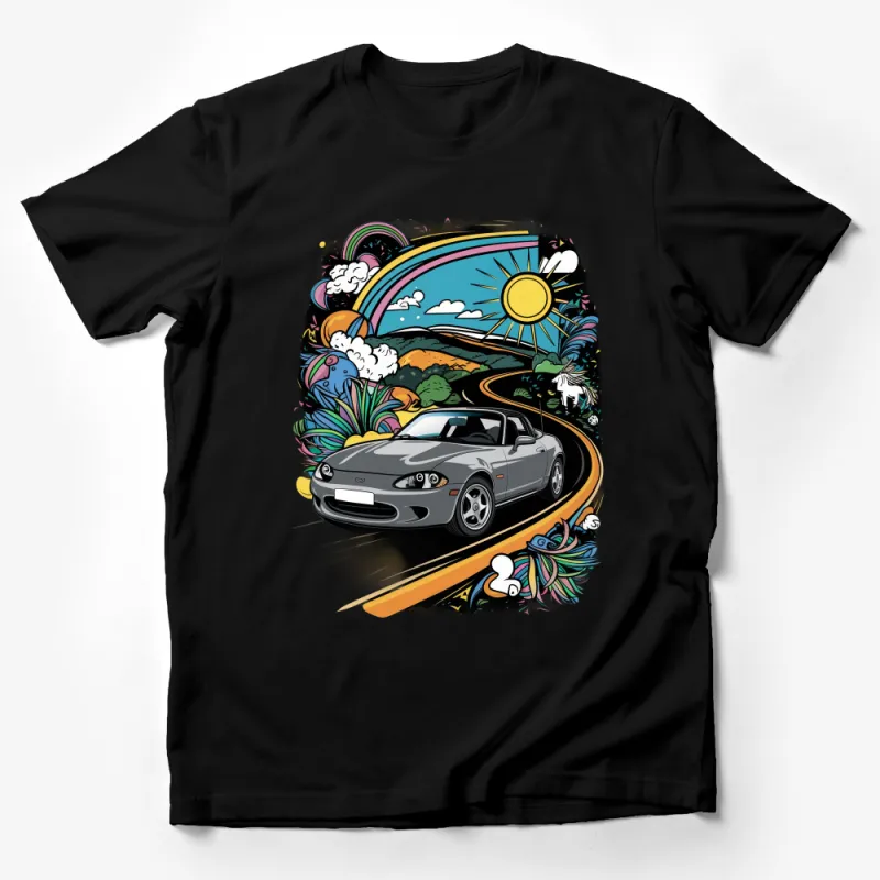 Graphic Tee with Vibrant Car Illustration, Unisex T-Shirt, Stylish Roadtrip Artwork, Sun and Clouds Design Male T-Shirt