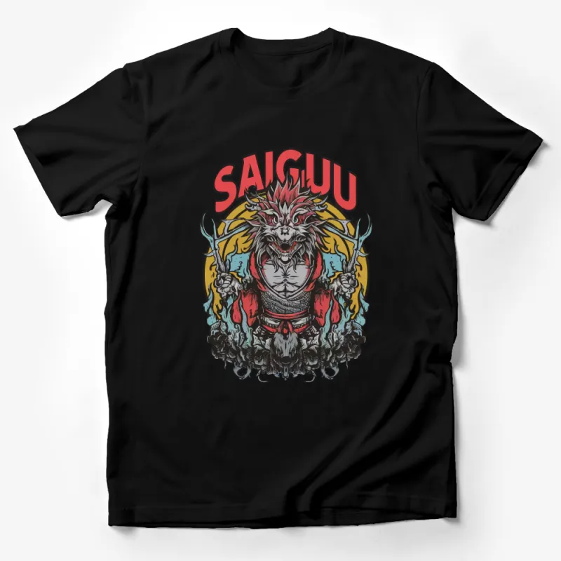 Japanese Inspired Dragon Wolf T-Shirt, Unique Graphic Tee, Urban Streetwear, Bold Colorful Design, Unisex Fashion Top Male T-Shirt