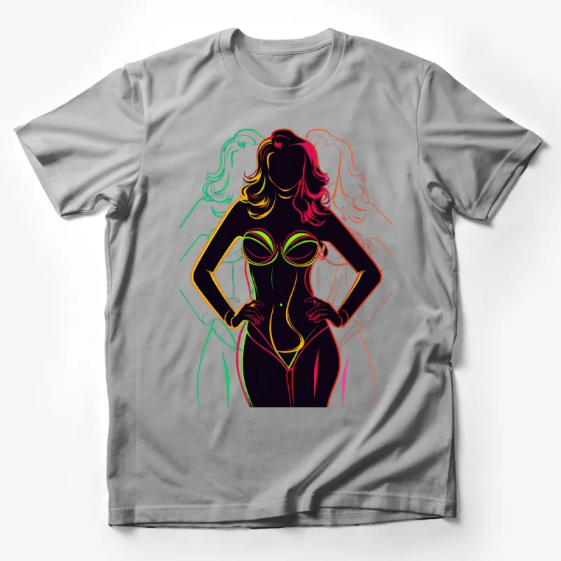 Colorful Neon Line Art Women's T-Shirt, Vibrant Female Silhouette Tee, Abstract Fashion Top, Modern Artistic Apparel, Casual Wear Unisex Male T-Shirt