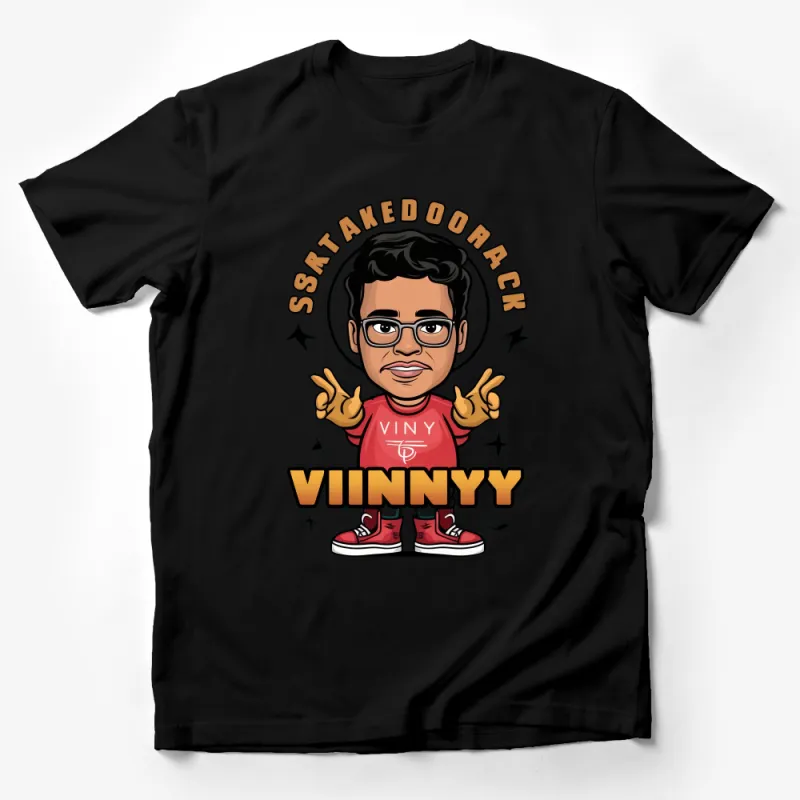 Cartoon Character Vinny Graphic Tee, Red Sneakers Cool Mascot, Unisex Casual Shirt, Unique Funky Illustration Apparel Male T-Shirt