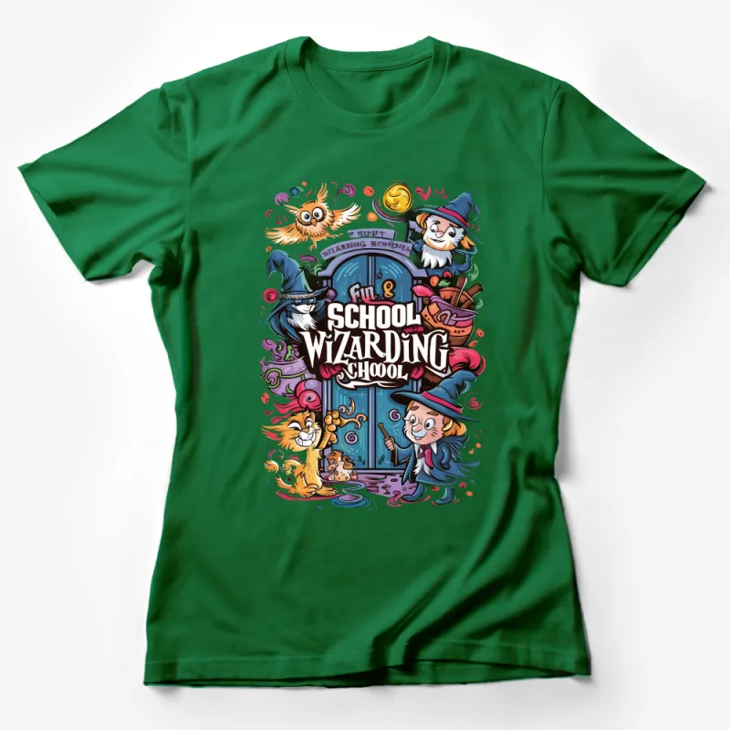 Whimsical Wizard School T-Shirt, Fun School of Magic Graphic Tee, Colorful Fantasy Apparel for Fans Female T-Shirt