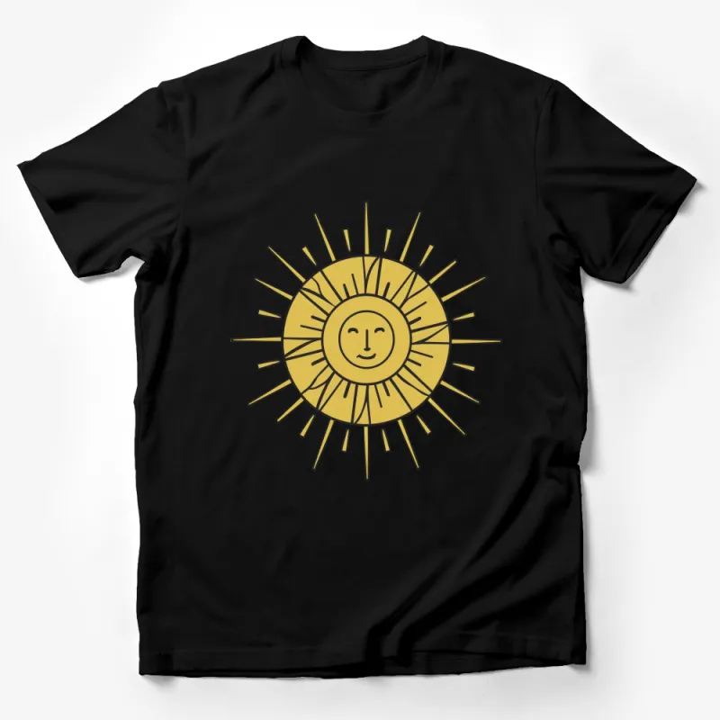 Golden Sun Face T-Shirt, Bohemian Summer Tee, Unisex Graphic Shirt, Casual Sunburst Top, Celestial Boho Clothing, Gift for Sunny Days Male T-Shirt