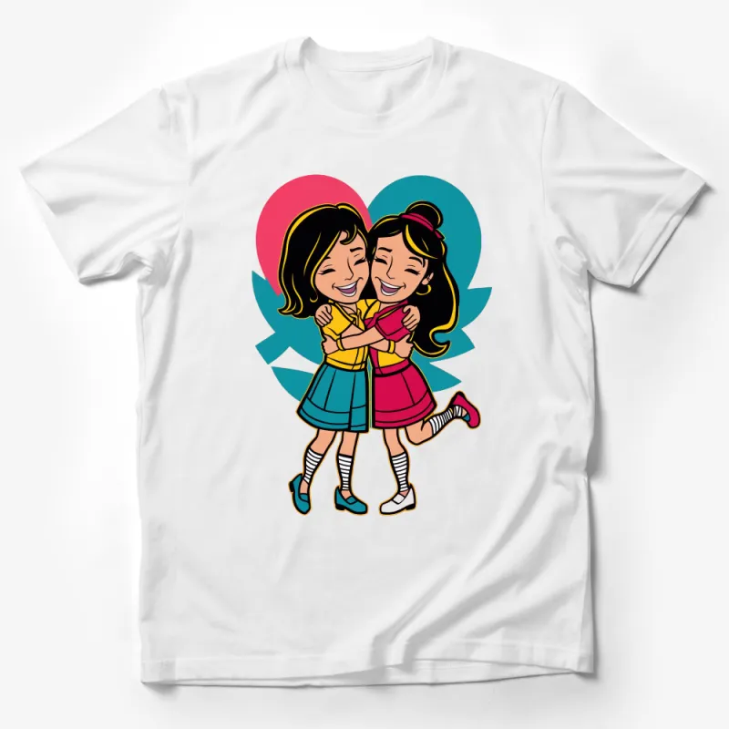 Vibrant Best Friends Cartoon T-Shirt, Colorful Friendship Illustration, Cute Embrace Tee Male T-Shirt