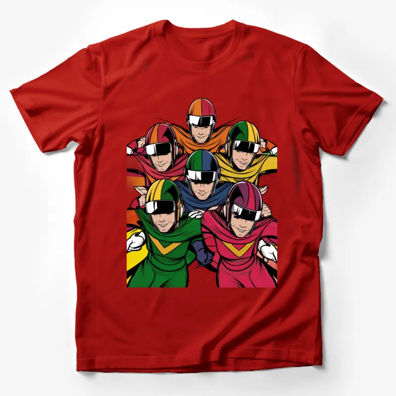 Retro Superhero Team Graphic T-Shirt, Colorful Costume Design for Comic Fans Male T-Shirt