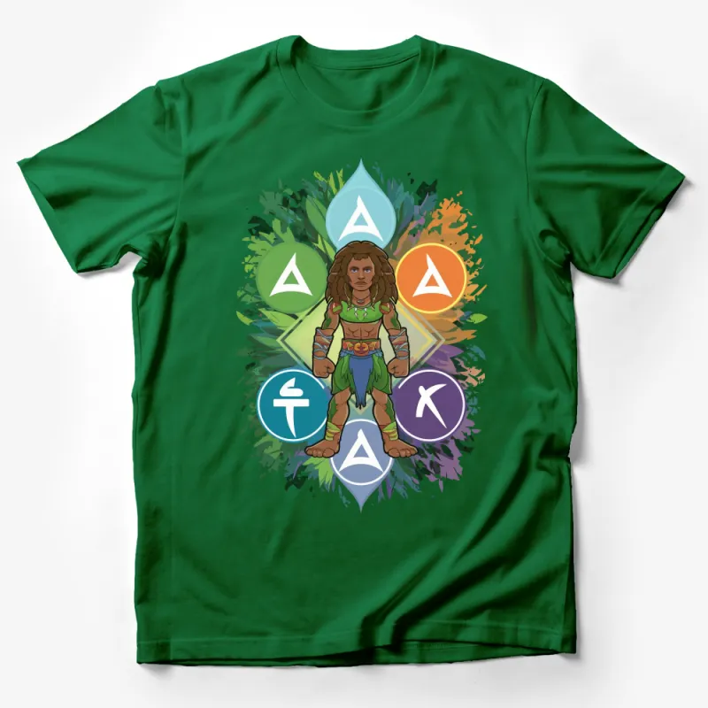 Unique Elemental Warrior T-Shirt with Nature-Inspired Tribal Design Male T-Shirt