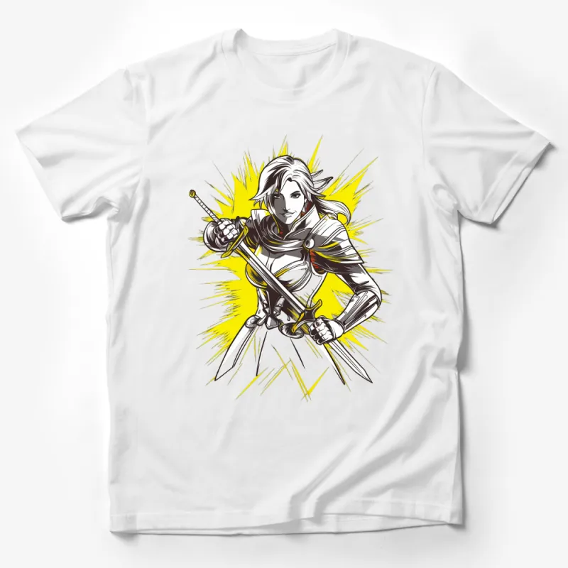 Warrior Woman T-Shirt, Fantasy Art Tee, Female Knight Shirt, Bold Graphic Print Top, Casual Comic Style Apparel, Unique Gift Idea Male T-Shirt