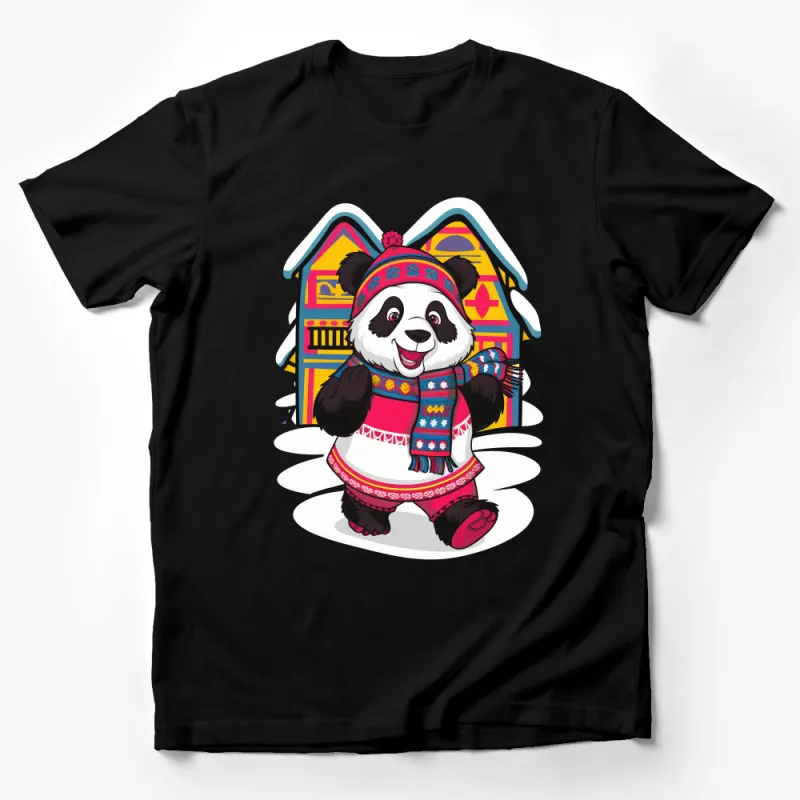 Cute Panda in Winter Gear with Colorful House Graphic T-Shirt for Kids Male T-Shirt