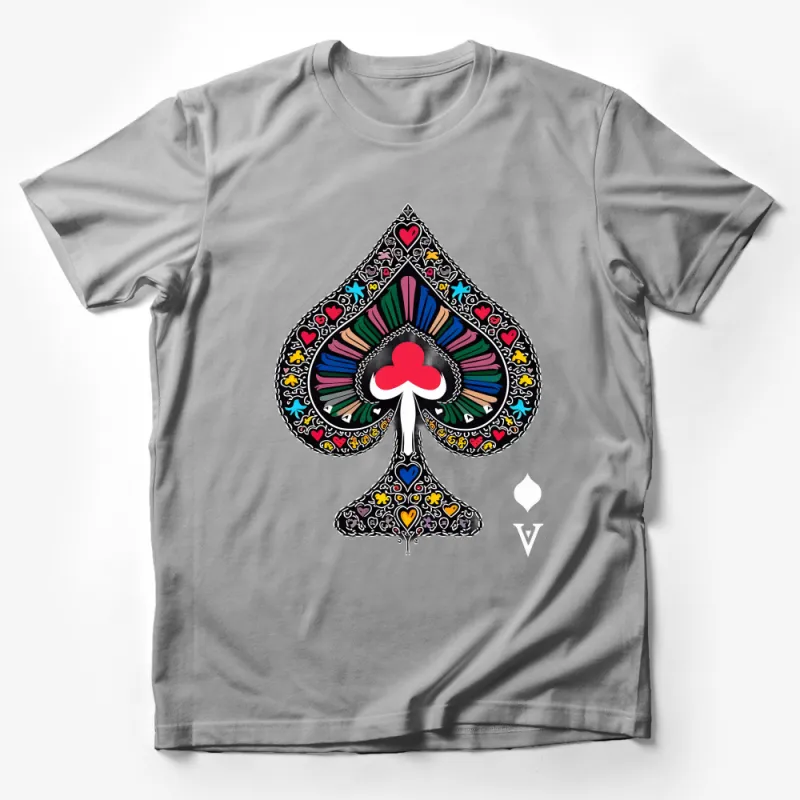 Colorful Ace of Spades Graphic T-Shirt, Vibrant Poker Card Design Shirt, Unisex Casual Tee, Playful Hearts and Swirls Art Top Male T-Shirt