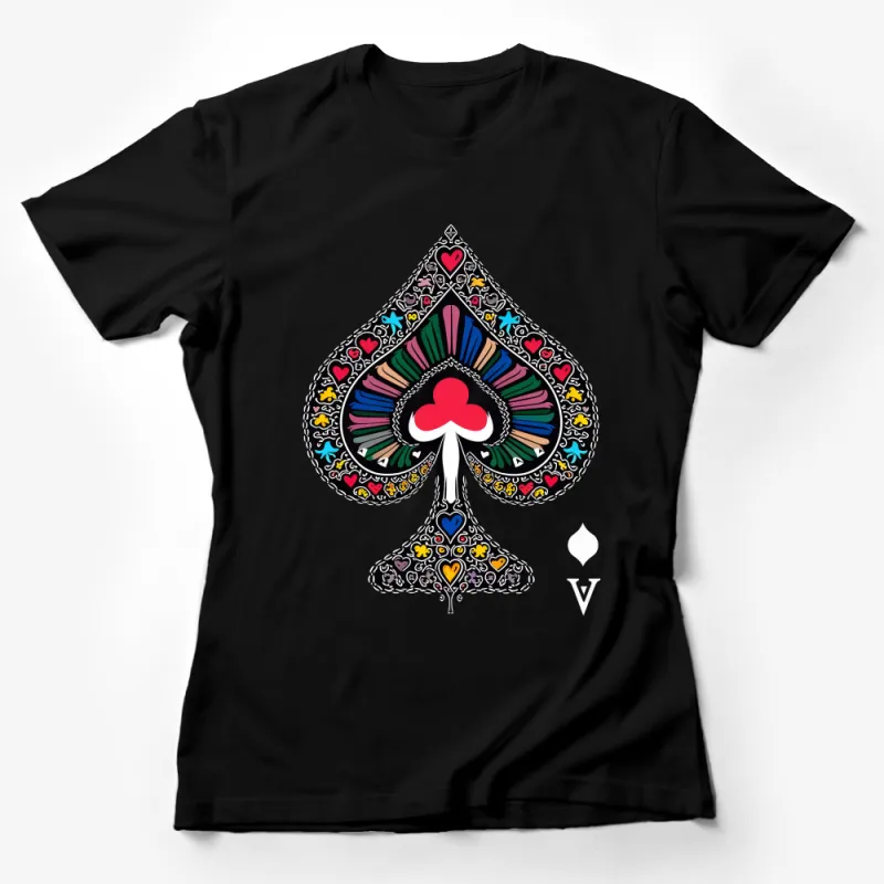 Colorful Ace of Spades Graphic T-Shirt, Vibrant Poker Card Design Shirt, Unisex Casual Tee, Playful Hearts and Swirls Art Top Female T-Shirt