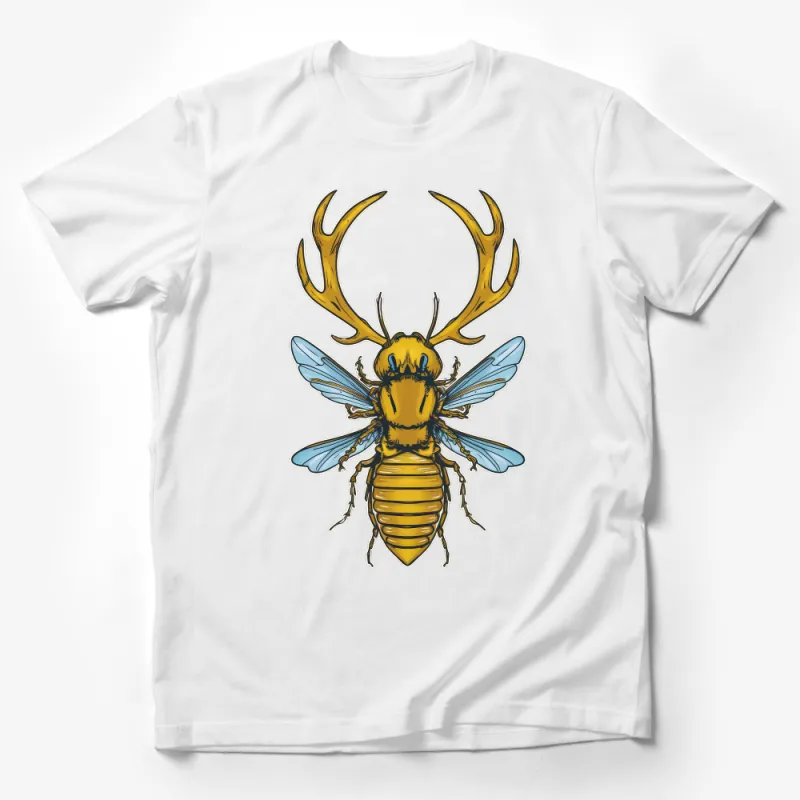 Unisex Golden Bee T-Shirt with Antlers, Nature-Inspired Graphic Tee, Casual Insect Art Top, Unique Design Apparel for All Male T-Shirt