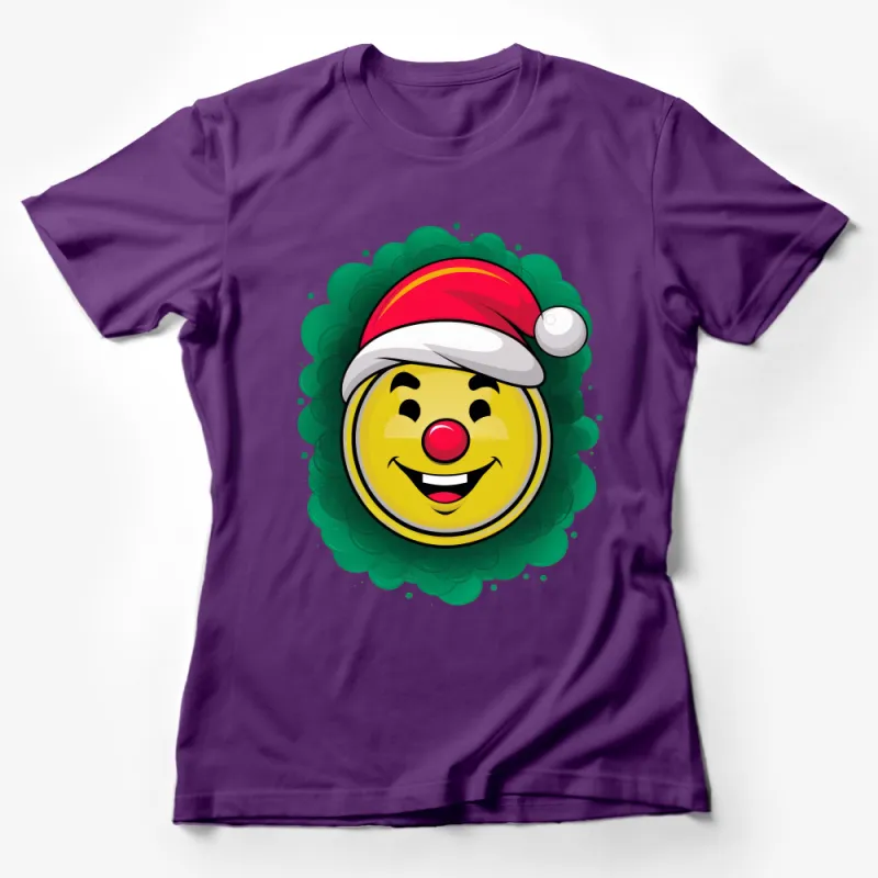 Festive Santa Hat Smiley Face T-Shirt, Christmas Emoji Tee, Holiday Season Casual Wear, Unisex Gift Idea, Comfortable Apparel Female T-Shirt