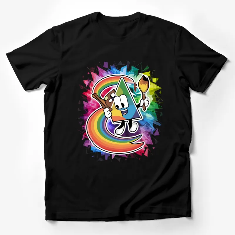 Colorful Artist Palette Character T-Shirt with Rainbow Swirl and Paintbrush Male T-Shirt