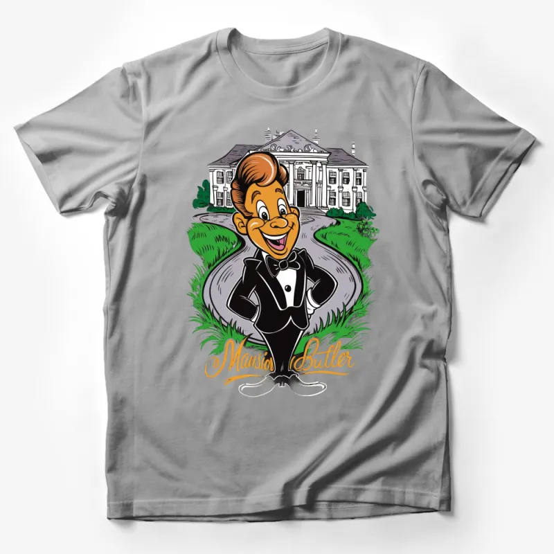 Charming Butler Character in Front of Mansion Artistic T-Shirt Design Male T-Shirt