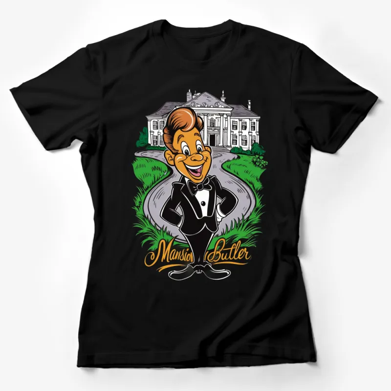 Charming Butler Character in Front of Mansion Artistic T-Shirt Design Female T-Shirt